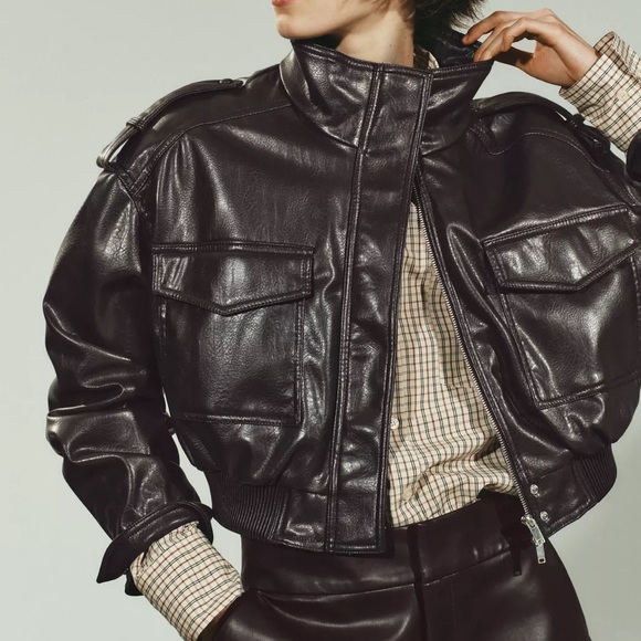 Zara Jackets & Blazers - Zara Brown Vegan Leather Cropped Bomber Jacket xs